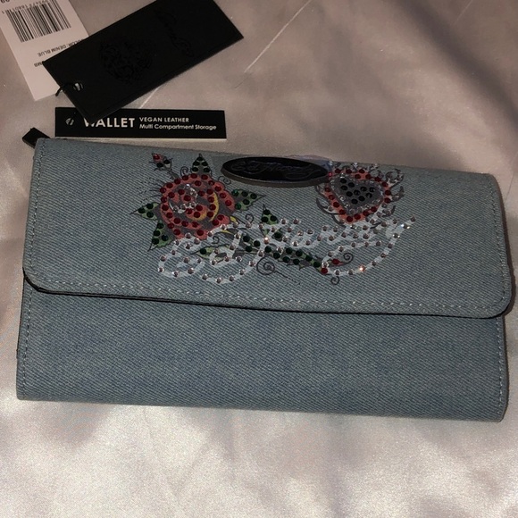 Ed Hardy Handbags - Ed Hardy Denim Blue Flap Wallet Rose & Flaming Heart Rhinestone Accents NWT